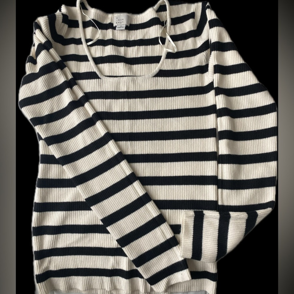 a new day Black and White Striped Long Sleeve Ribbed Tee